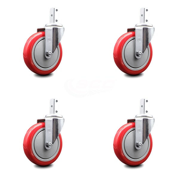 5 Inch Red Polyurethane Wheel Swivel 7/8 Inch Square Stem Caster Set SCC